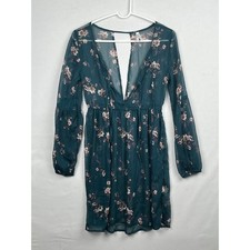 Mudd Floral Long Sleeve Mini Dress Womens Small Teal Green Plunging V-Neck