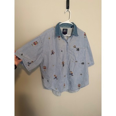 Vintage Quizz Plus Cowboy Bear Pinstripe Denim Collar Shirt Blue White Size 20