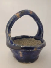 Echizen Bunzan Blue Glazed Basket Bonsai Kusamono Pot 3.5" Tall 2.75"wide