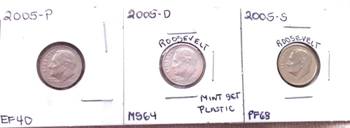 2005-P EXTRA FINE / 2005-D MINT STATE / 2005-S HIGH END PROOF ROOSEVELT DIMES