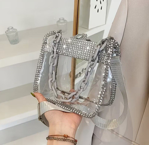Transparent Square Shoulder Bag Rhinestone Decorated Stitching Handbag