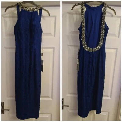 D) Pia Michi royalblau rouge U-Ausschnitt hinten silber Diamanten Coctail Midikleid UK 8 - Bild 1 von 4