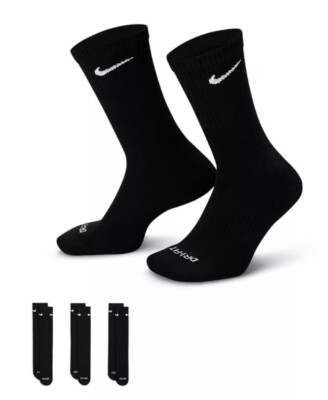 3 Pair Black Mens Nike Large 8-12 Everyday Plus Cushioned Crew Dri-Fit Sock 