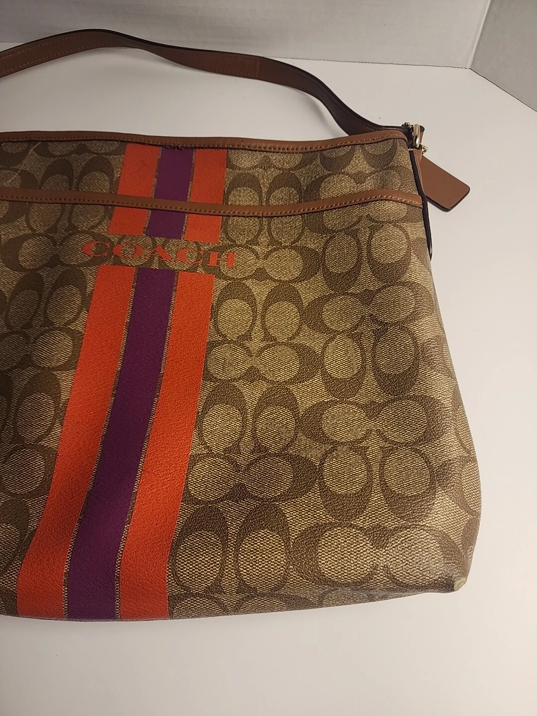 Autentica borsa a righe COACH Varsity in tela rivestita firmata tracolla