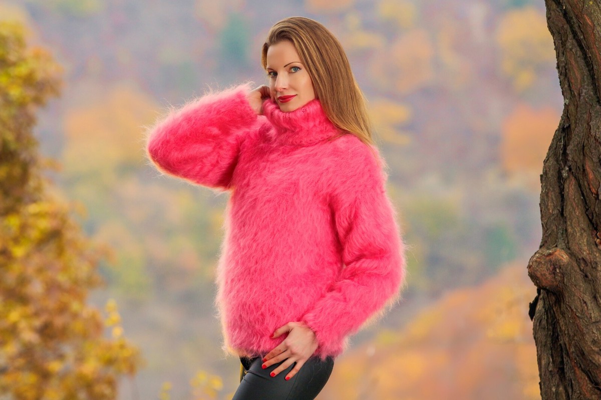 Rose pink mohair sweater fuzzy hand knit top fluffy jumper