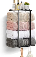 Towel Racks for Bathroom Towel Holder with Shelf & 6 Hooks,Space Saving Vertical