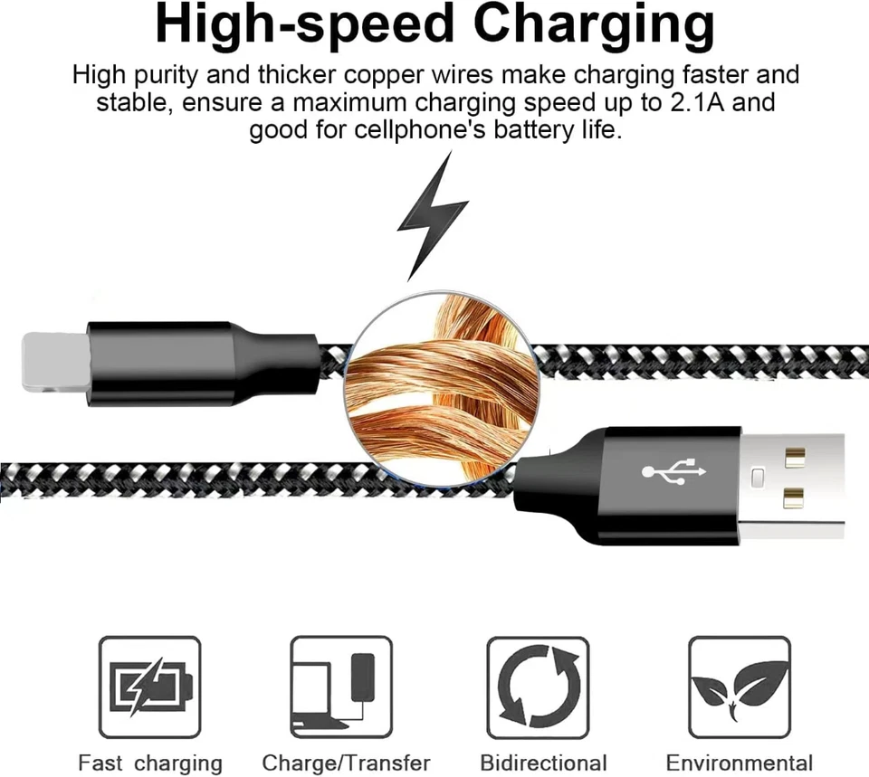Cable Cargador Rápido Trenzado Resistente USB Lote Cable Para iPhone 14 13 12 11 X XR 8 Foto 2 de 4