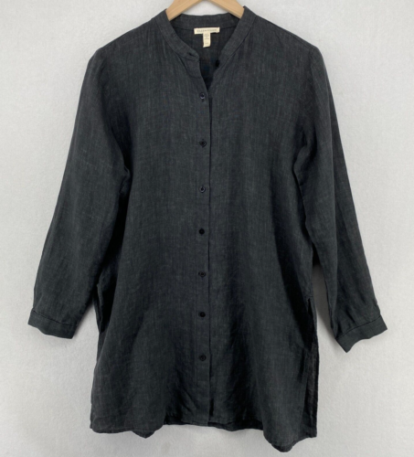 EILEEN FISHER Tunic XS Top Organic Linen Mandarin Collar Button Front Gray - Picture 1 of 13