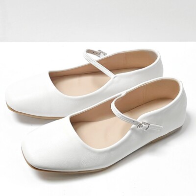 New Womens White Mary Jane Square Toe Ballet Flats Size 6 to 10