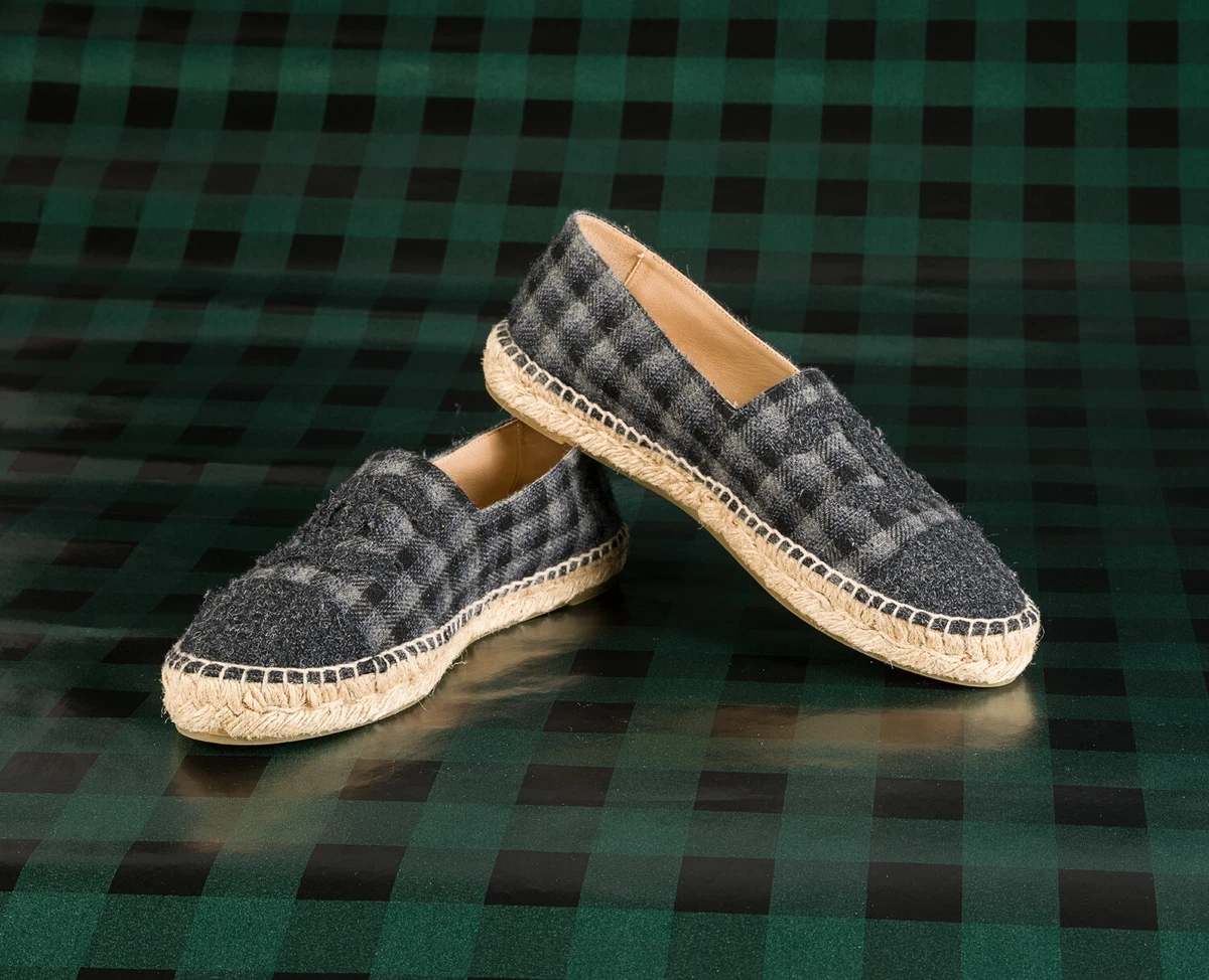 CHANEL Espadrille Shoes CC Logo Tweed Wool Grey & Black Size 40