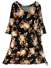 Avenue Black Floral Midi Dress with Bell Sleeves Size 18/20 Plus Size 2X Roses