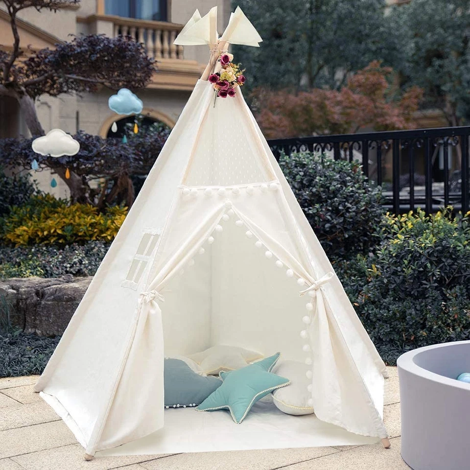 Breathable Play Teepee Tent with Mat for Kids Girls Boys Indoor Outdoor Foldable
