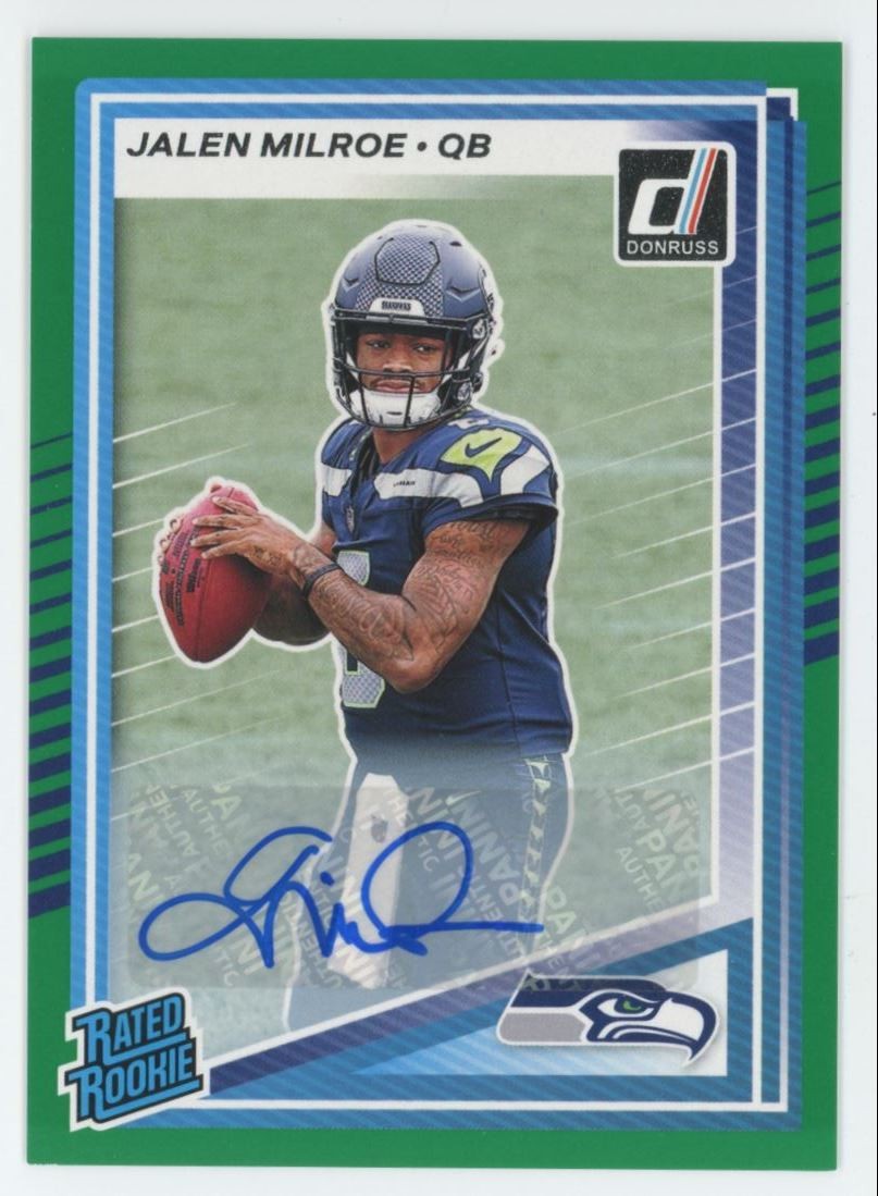 2025 Donruss Press Proof GREEN Jalen Milroe Rookie Auto Seahawks #307 A45