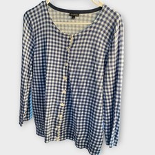 Talbots Large Blue White Checkered Button-Up Sweater Sz L