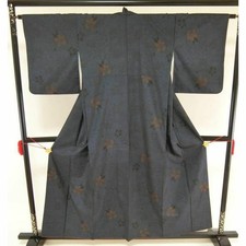 Rare Silk Oshima Tsumugi Kimono Floral Navy Blue Size Japan