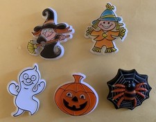 Halloween Pins. 5 Pins. Witch, Pumpkin, Scarecrow, Ghost, Spider. Plastic