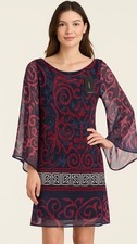 Analili Womens Dress XS Sheer Sleeve Batik Print Navy Red Geometric Border NWT