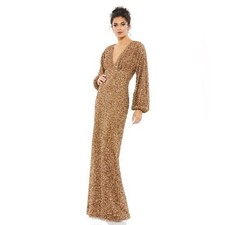 NWT Mac Duggal bronze Sequined Puff Sleeve V Neck Gown Size 2