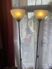 Pair Grey &White Floor Uplighter Lamps, Bowl Shades, Switch, Metal stand