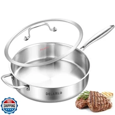DELARLO Tri-Ply Stainless Steel Saute Pan With Lid 5.5QT,12.3Inch Deep Frying