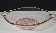 Vintage Pink Depression Glass Handled Bowl / Candy Dish Etched Pattern 9  