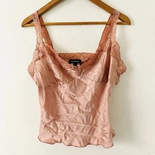 Vtg Bebe 90s 100% Silk Lace Cami Dusty Rose Pink Top Size L Made in USA