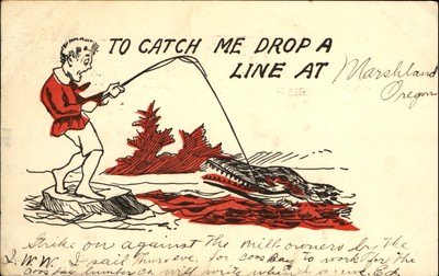 Fishing comic alligator ~ Drop Me A Line at MARSHLAND OREGON ~ 1907 UDB postcard