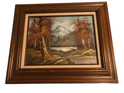 Vintage oil on canvas mountain forest lake painting signed G. Whitman framed