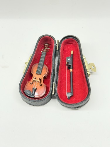 Miniatura violino e archetto legno in custodia 3" casa delle bambole piccolo strumento sala musica - Foto 7 di 7