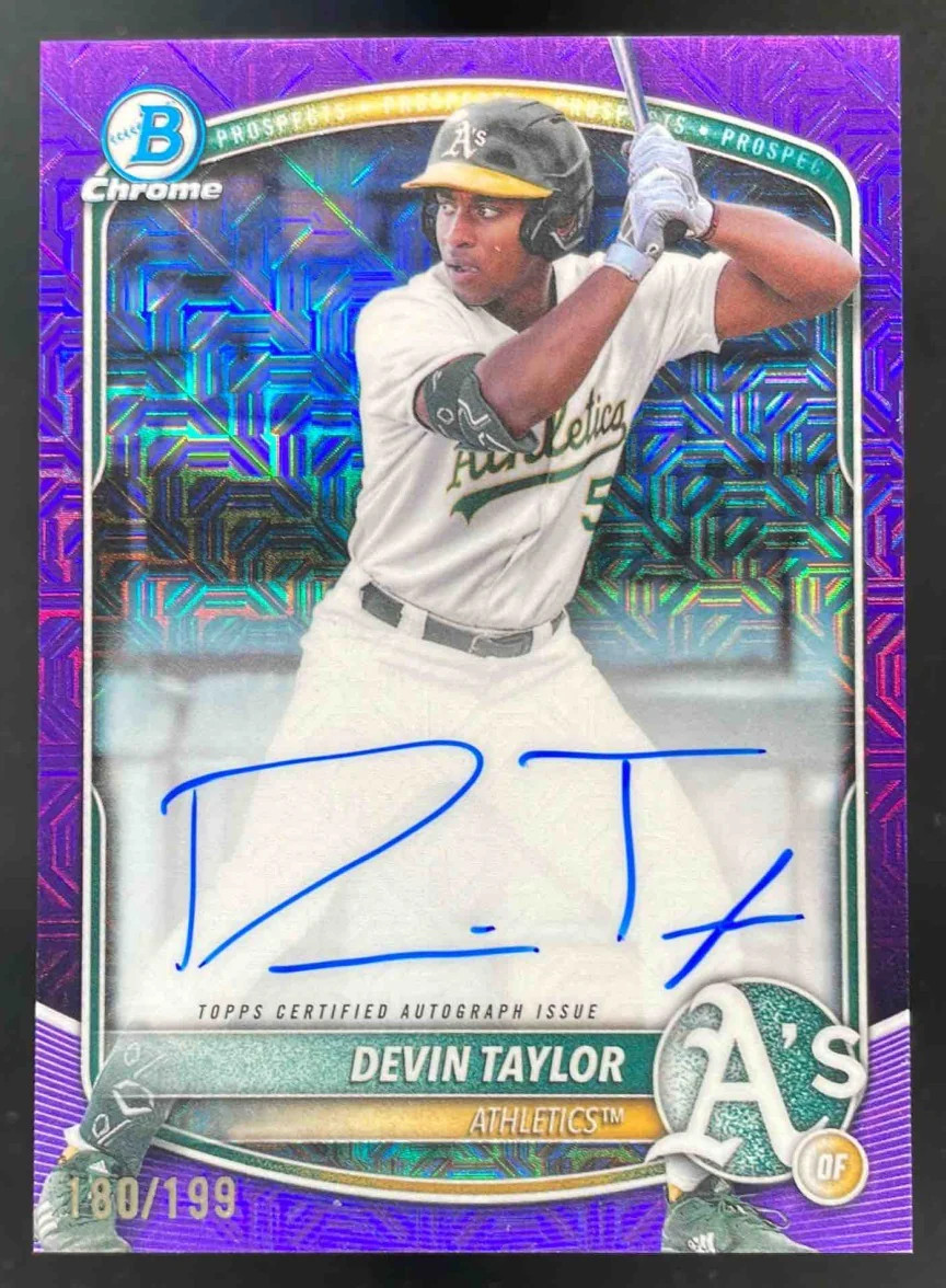 2025 Bowman Draft Chrome Purple Mojo Refractor #BMA-DT Devin Taylor RC Auto /199
