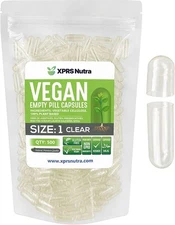 Size 1 Clear Empty Vegan Capsules Vegetarian Veggie Kosher Veg Caps DIY Pills