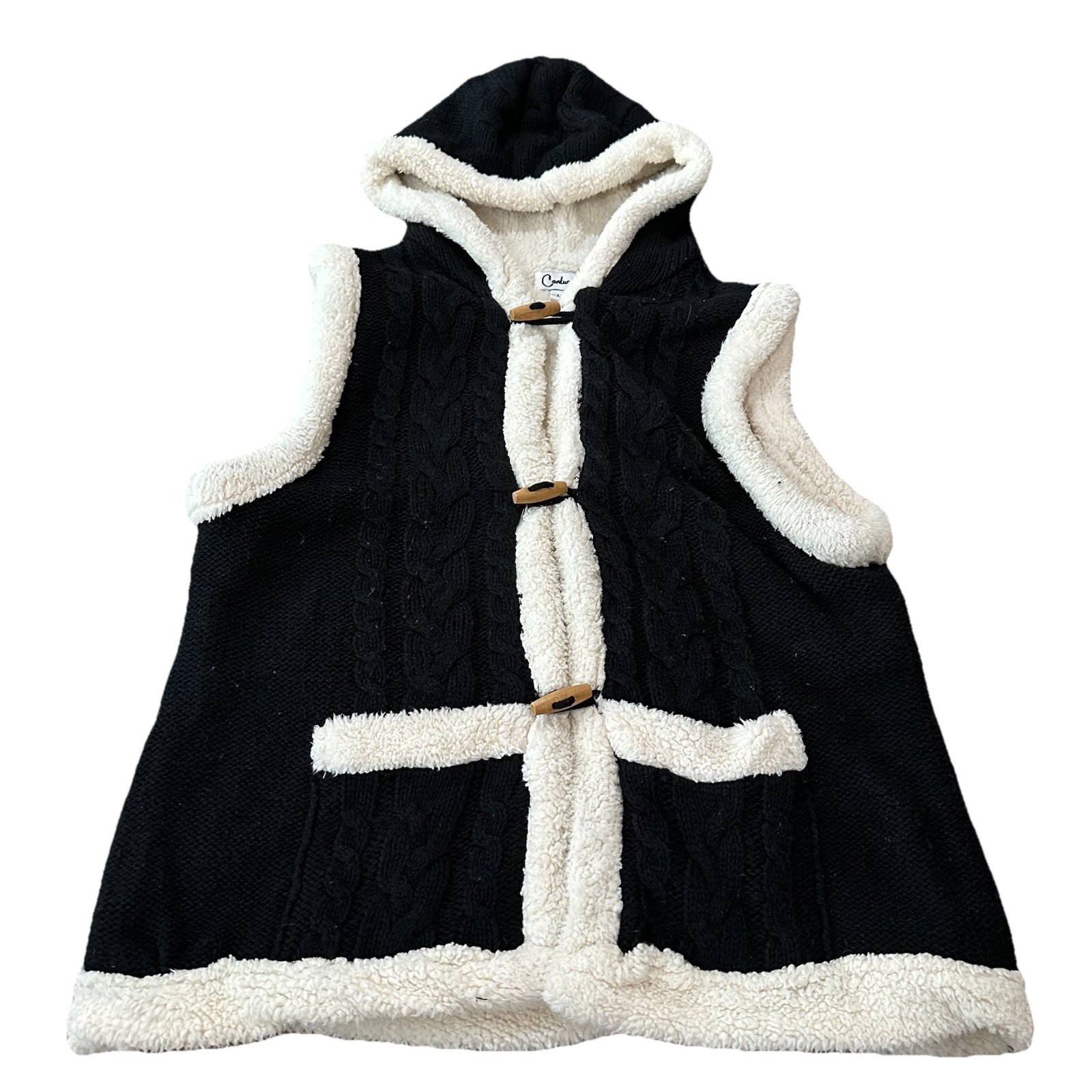 Carducci Womens Hooded Black & White Faux Sherpa Vest Size Large Hook & Loop