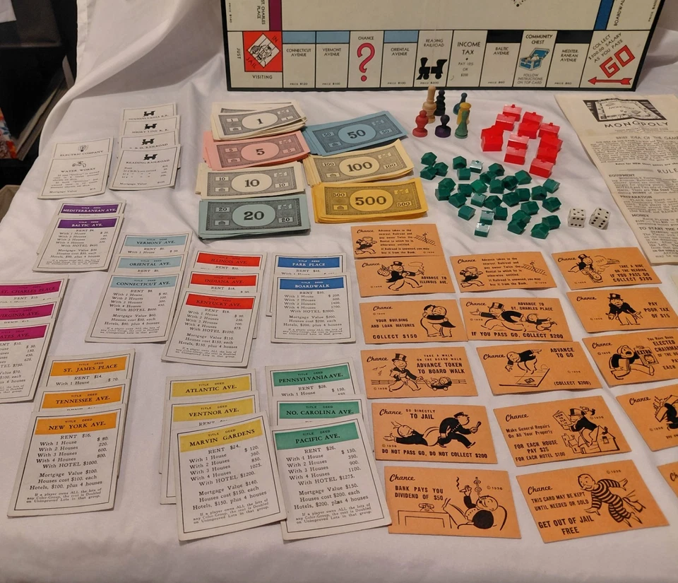 Juego completo de dados vintage retro Monopoly Estate encontrar peones de madera direcciones Foto 2 de 4