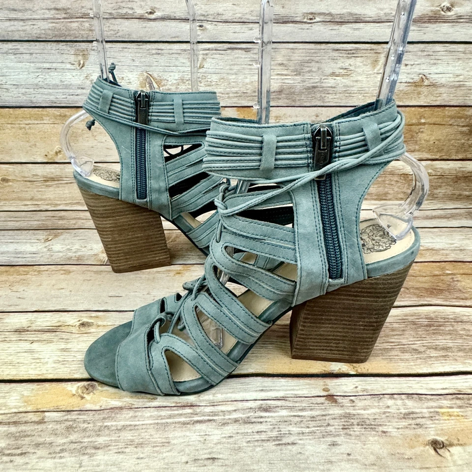 Vince Camuto Women's Gray Leather Lace Up Gladiator Block Heel Boho Sandals 10 - Image 4 of 4