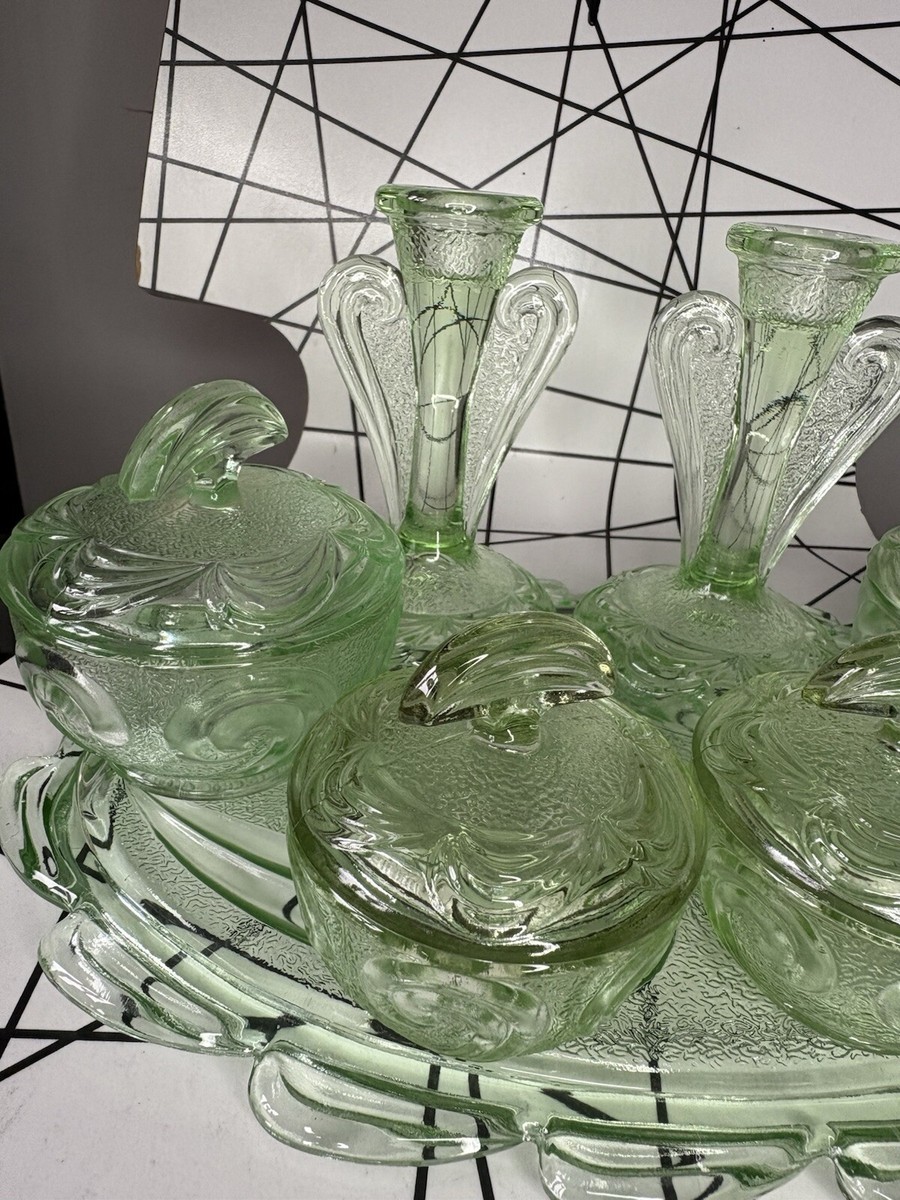 Vintage 1930s Art Deco Green Bagley Glass Dressing Table / Vanity / Trinket  Set