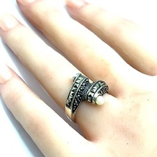 Vintage Sterling Silver Freshwater Pearl and Marcasite Ring - Size 6