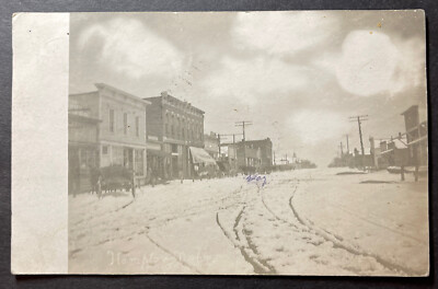 Street Scene Winter Hampton Nebraska RPPC May13 1907 Uncle Wess in Slay (sleigh)