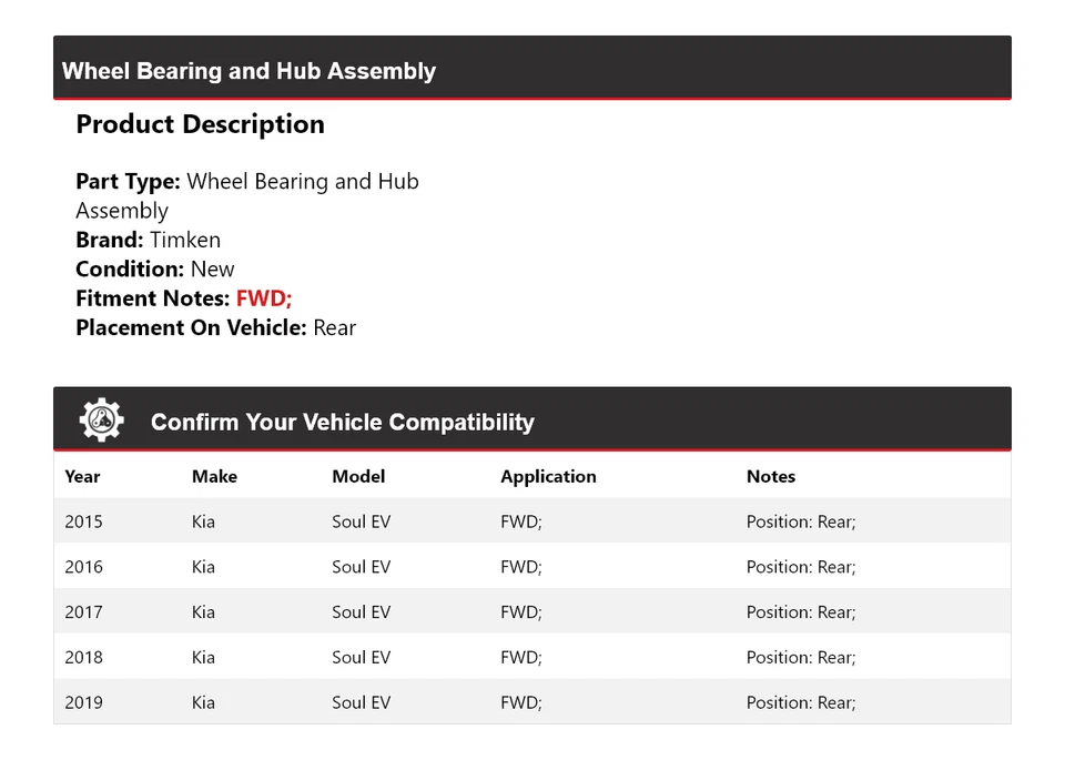 Conjunto de cojinete de rueda y buje trasero Timken 2016 para Kia Soul EV 2015-2019 tracción delantera Foto 2 de 4
