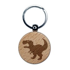Tyrannosaurus Rex Silhouette Engraved Wood Round Keychain Tag Charm