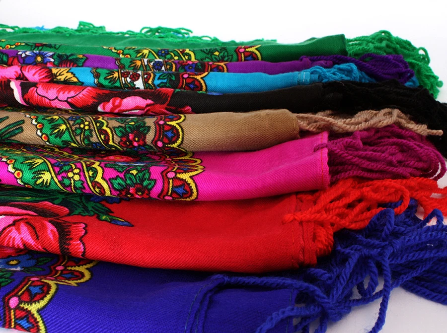 Beautiful shawl scarf 14 col flower patterns fringes POLISH folk cotton vintage