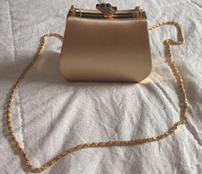 Vintage Jessica McClintock Gold Satin Evening Bag Rhinestone Clasp Chain Prom