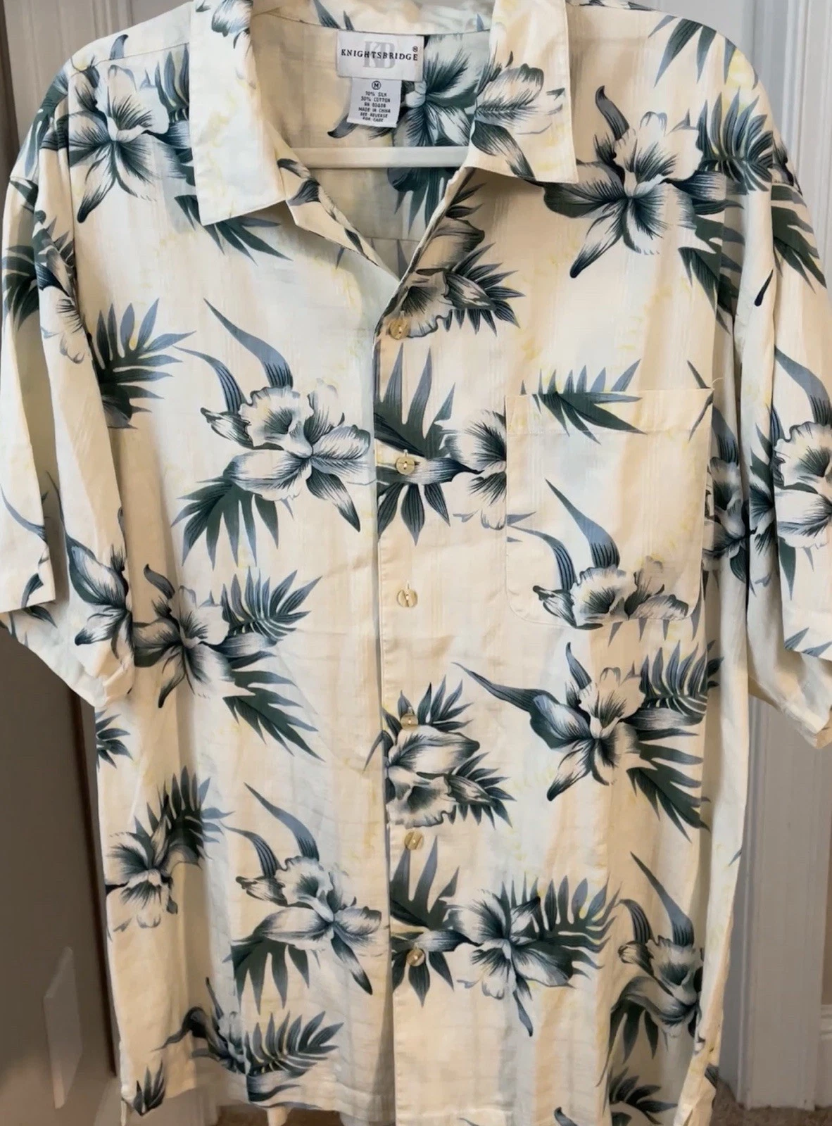 Knightsbridge Silk Floral Birds Hawaiian Shirt. Cream Blue Yellow. Tropical. M