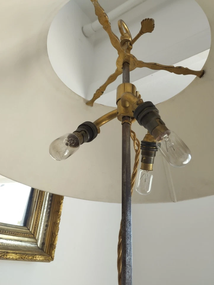 LAMPE BOUILLOTTE A 3 FEUX BRONZE DORÉ ABAT-JOUR  BORDEAUX  ÉPOQUE EMPIRE  - Photo 3/4