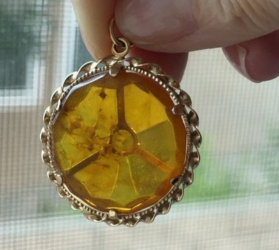 Genuine Baltic Amber Pendant 14K Gold Rope Bezel Faceted Cognac 30mm 7.8g