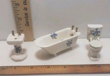 Porcelain Dollhouse Miniature Bathroom Set 1:12 Scale Vintage Tub Toilet Sink