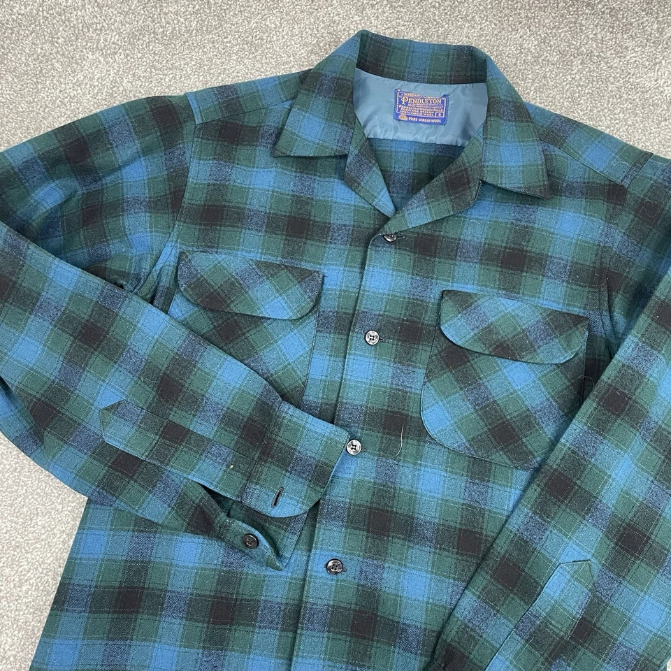 Pendleton Board Shirt Mens S Loop Collar Vintage Wool Green Blue Plaid 60s 70s - Image 2 of 4