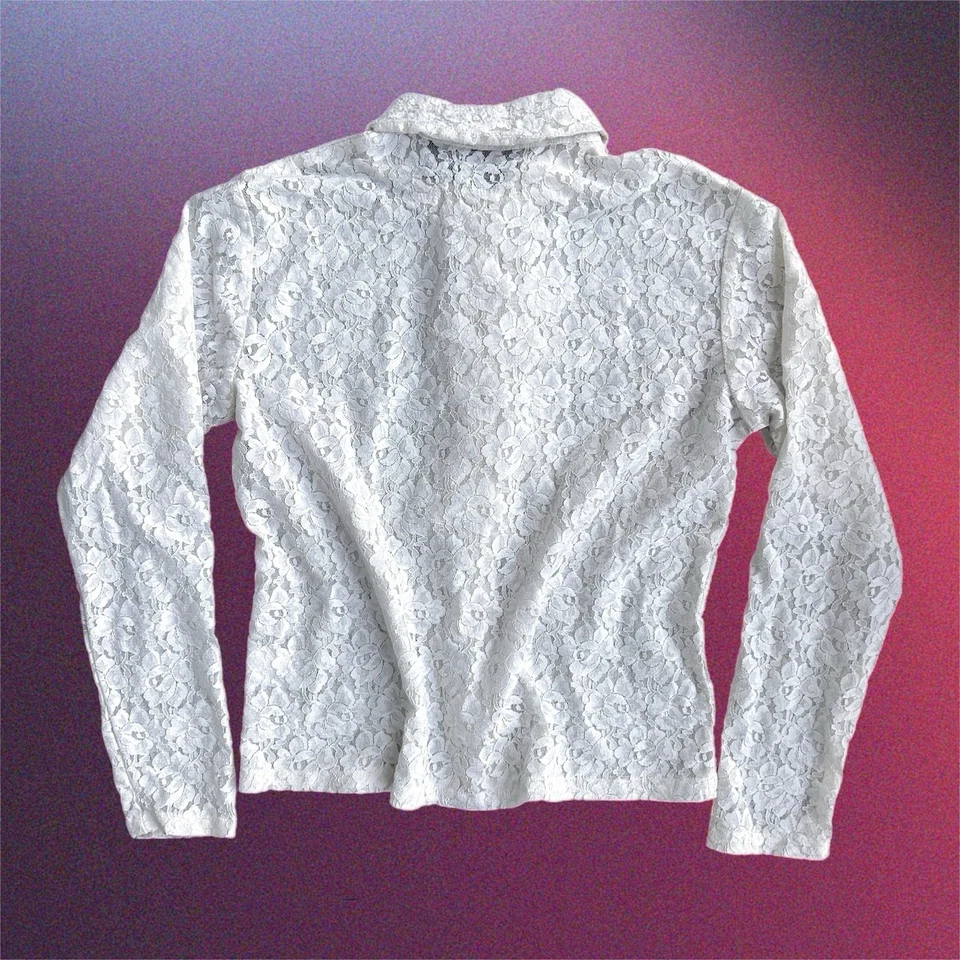Винтажная женская белая кружевная прозрачная блузка на пуговицах George размер средний - Изображение 3 из 4