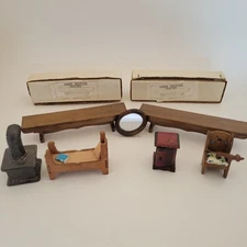 Vintage LOT Of 7 Miniature Dollhouse Furniture Handmade Wood Chair Bench Stove 