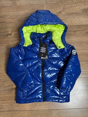 Diesel Jungen blau glänzend gefütterte Jacke Kapuze Mantel 4 Jahre neu mit Etikett - £220