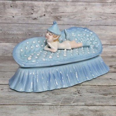 Vintage 1960's Winking Girl Pixie On Couch Trinket Jewelry Box 